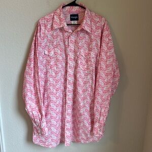 Wrangler Mens 2XL XXL Pink Paisley Breast Cancer Button Up Shirt
